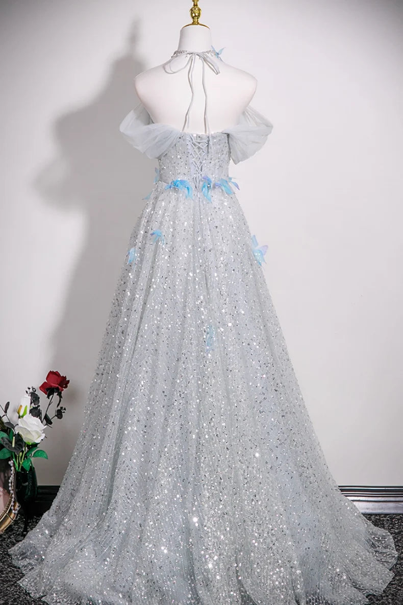 Dreamy Silver Tulle 3D Blue Butterfly Off Shoulder A-line Prom Dress