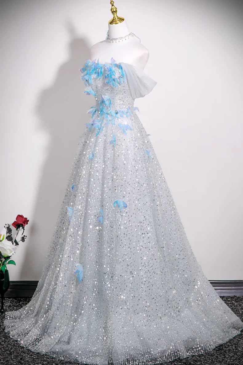 Dreamy Silver Tulle 3D Blue Butterfly Off Shoulder A-line Prom Dress