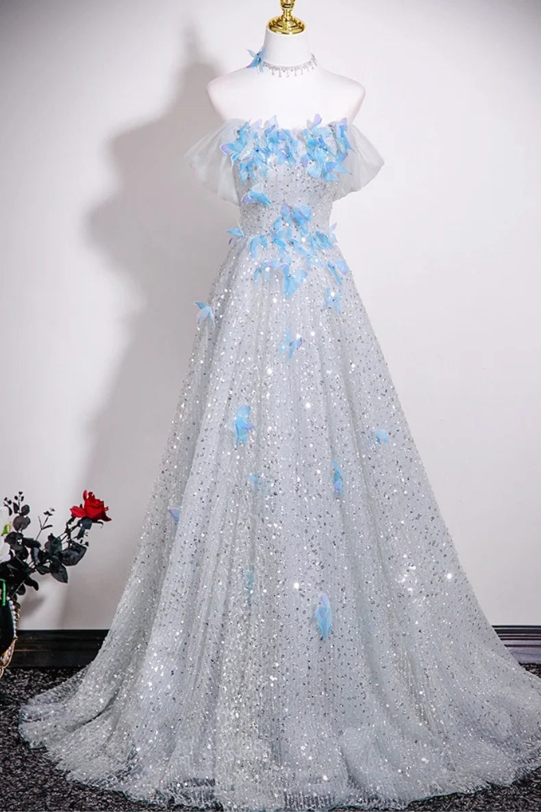 Dreamy Silver Tulle 3D Blue Butterfly Off Shoulder A-line Prom Dress