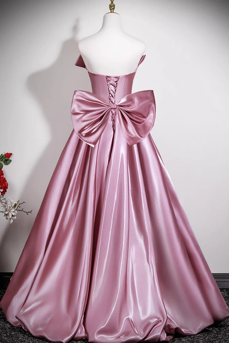 Elegant Dusty Rose Satin A-line Off Shoulder Big Bow Lace Up Back Prom Dress