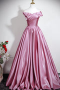Elegant Dusty Rose Satin A-line Off Shoulder Big Bow Lace Up Back Prom Dress