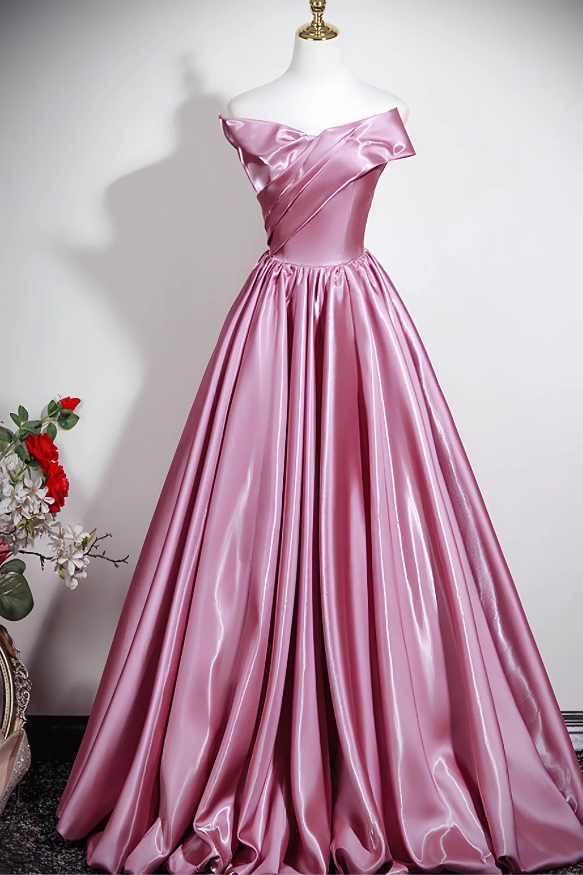 Elegant Dusty Rose Satin A-line Off Shoulder Big Bow Lace Up Back Prom Dress