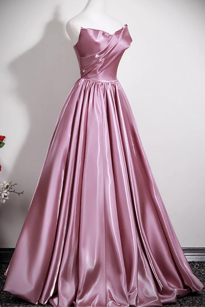 Elegant Dusty Rose Satin A-line Off Shoulder Big Bow Lace Up Back Prom Dress