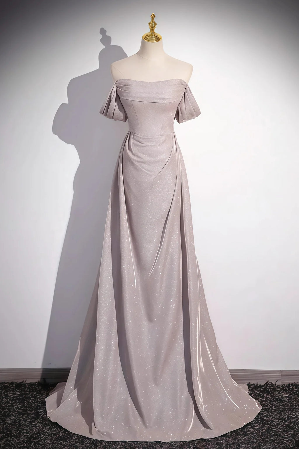 Grey Glitter Satin Off Shoulder A-Line Gown