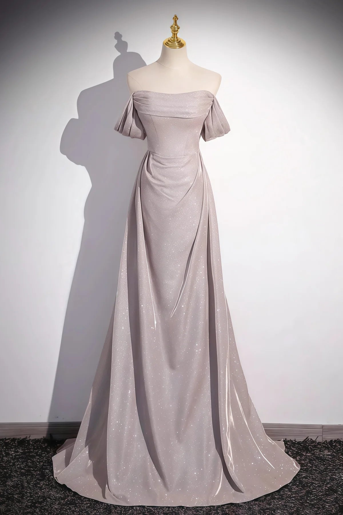 Grey Glitter Satin Off Shoulder A-Line Gown