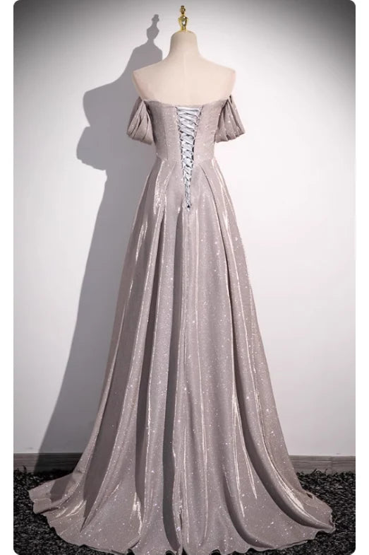 Grey Glitter Satin Off Shoulder A-Line Gown