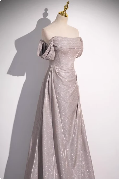 Grey Glitter Satin Off Shoulder A-Line Gown