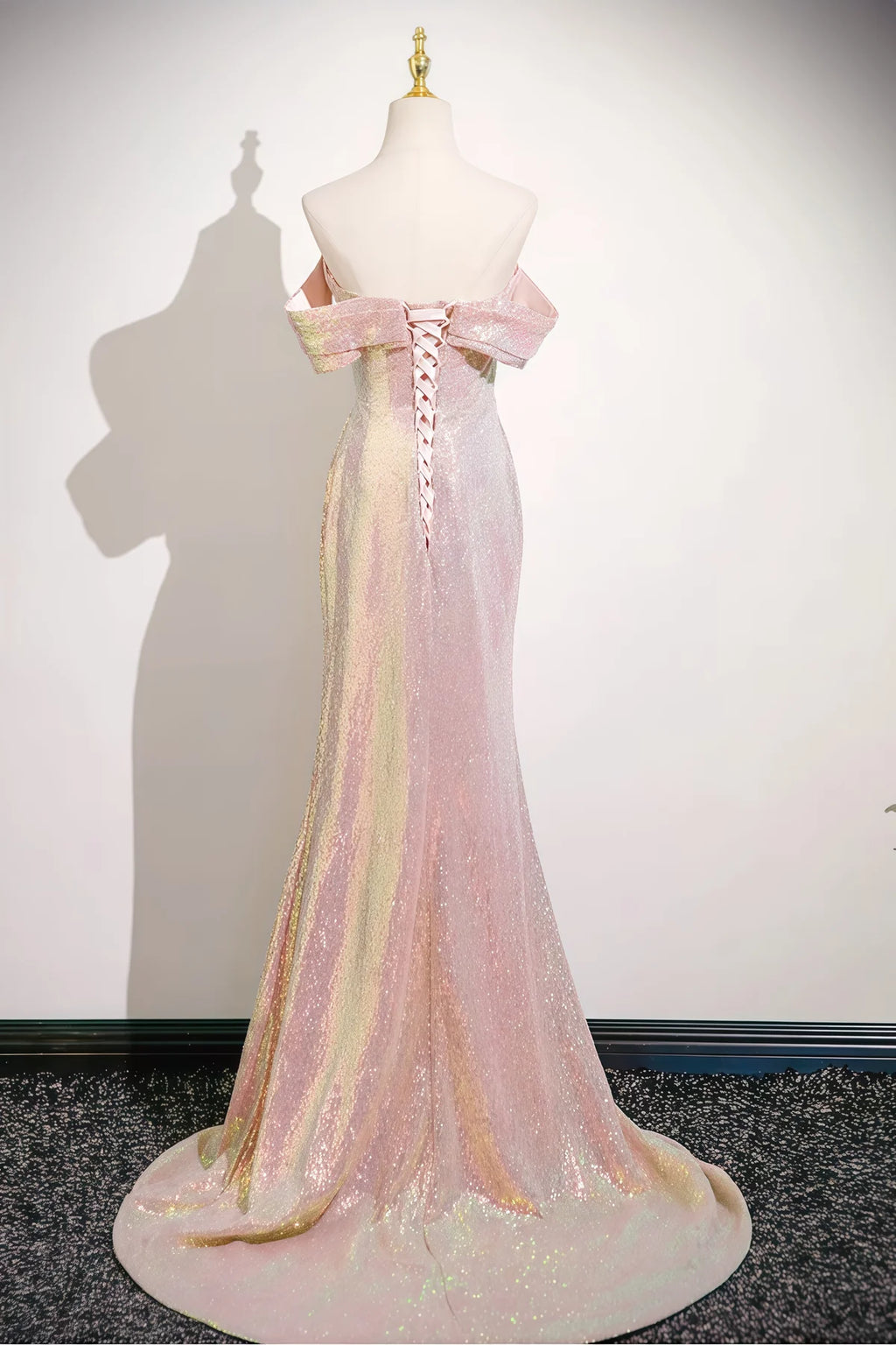 Gorgeous Iridescent Pink Sequin Mermaid Off Shoulder Lace Up Back Prom Dress