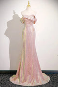 Gorgeous Iridescent Pink Sequin Mermaid Off Shoulder Lace Up Back Prom Dress