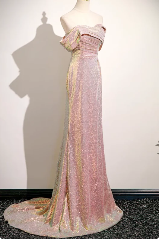 Gorgeous Iridescent Pink Sequin Mermaid Off Shoulder Lace Up Back Prom Dress