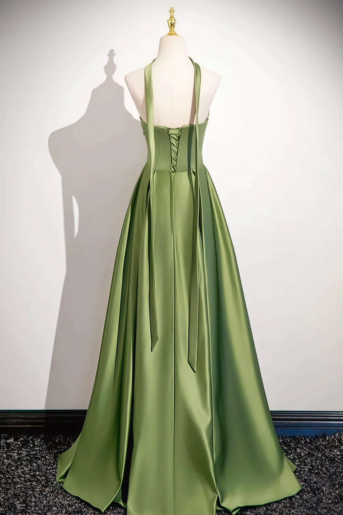 Olive Satin Halter Pleated A-Line Lace Up Back Prom Dress