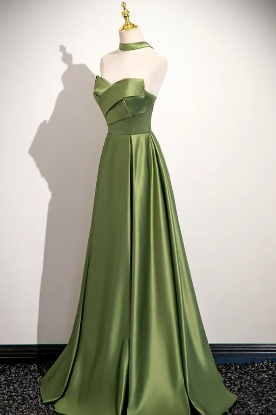 Olive Satin Halter Pleated A-Line Lace Up Back Prom Dress
