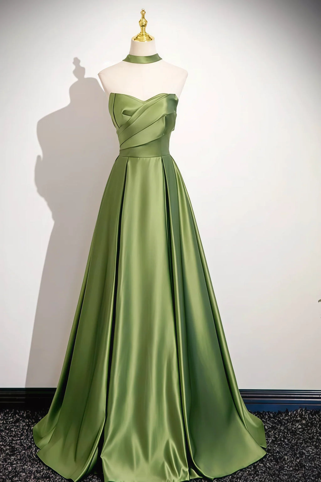 Olive Satin Halter Pleated A-Line Lace Up Back Prom Dress