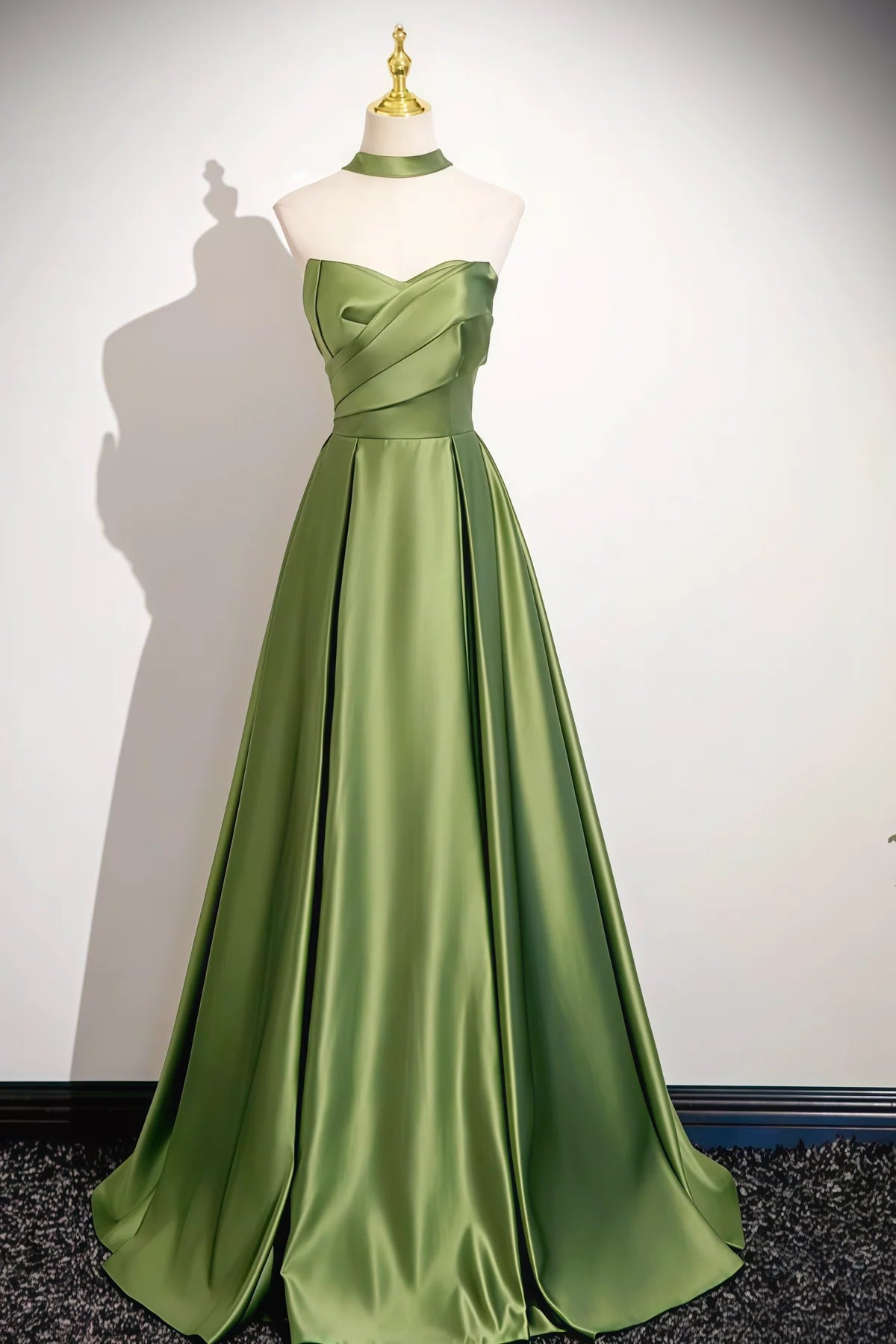 Olive Satin Halter Pleated A-Line Lace Up Back Prom Dress
