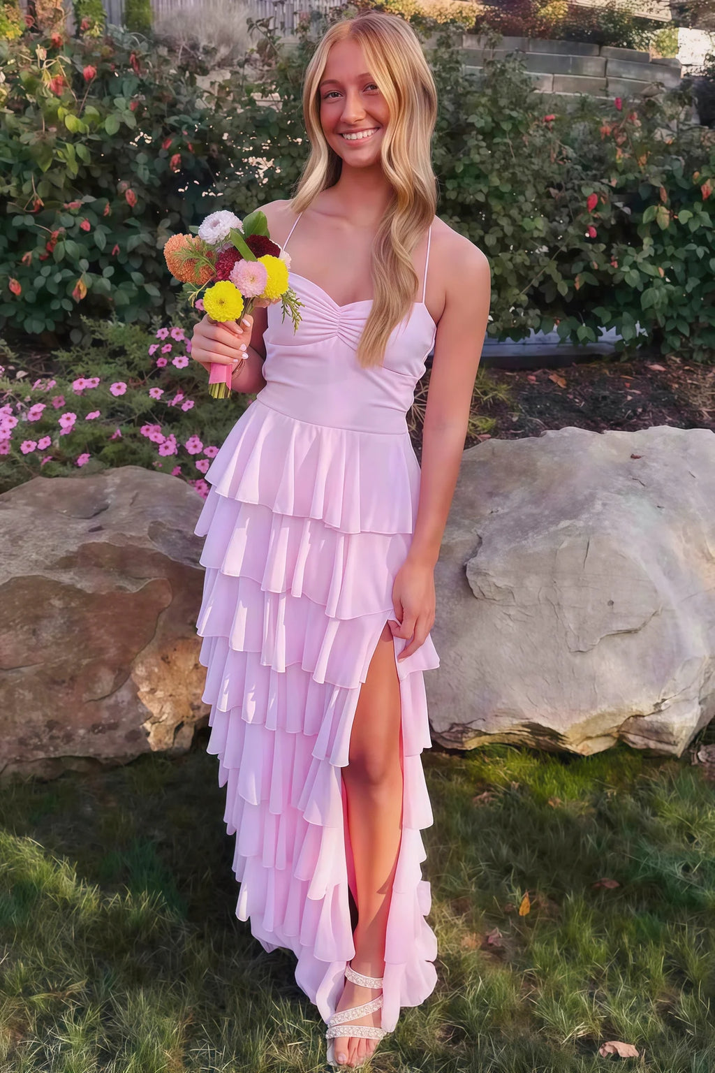 Light Pink Chiffon Tiered Ruffle Lace Up Back Slit Prom Dress