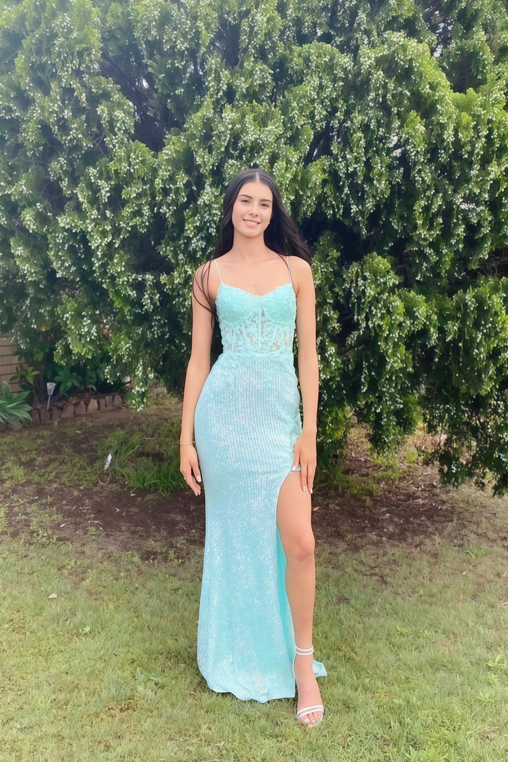 Mint Blue Sequin Lace Mermaid Prom Dress