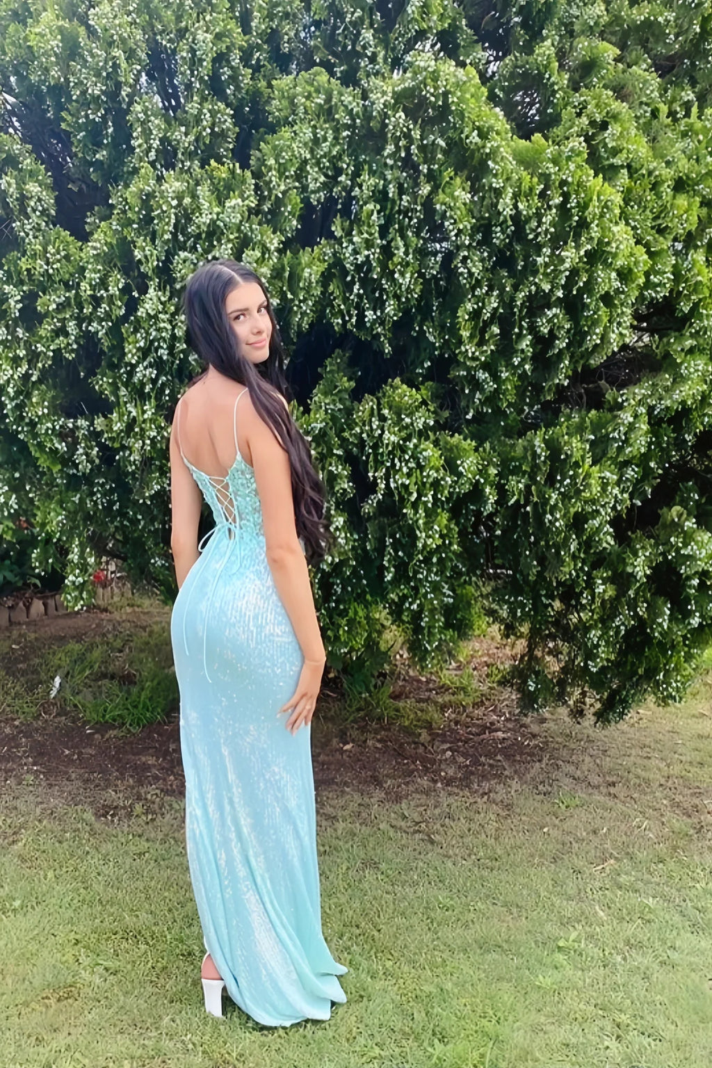Mint Blue Sequin Lace Mermaid Prom Dress