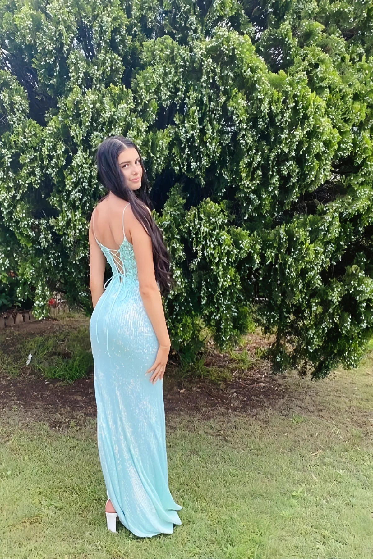 Mint Blue Sequin Lace Mermaid Prom Dress