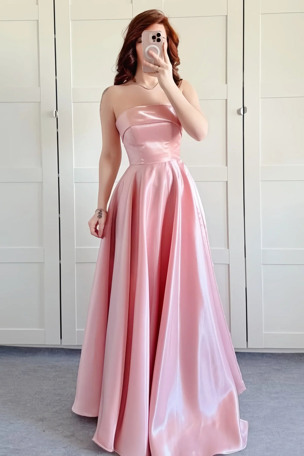 Blushing Pink Satin Strapless A-Line Prom Dress