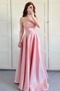 Blushing Pink Satin Strapless A-Line Prom Dress