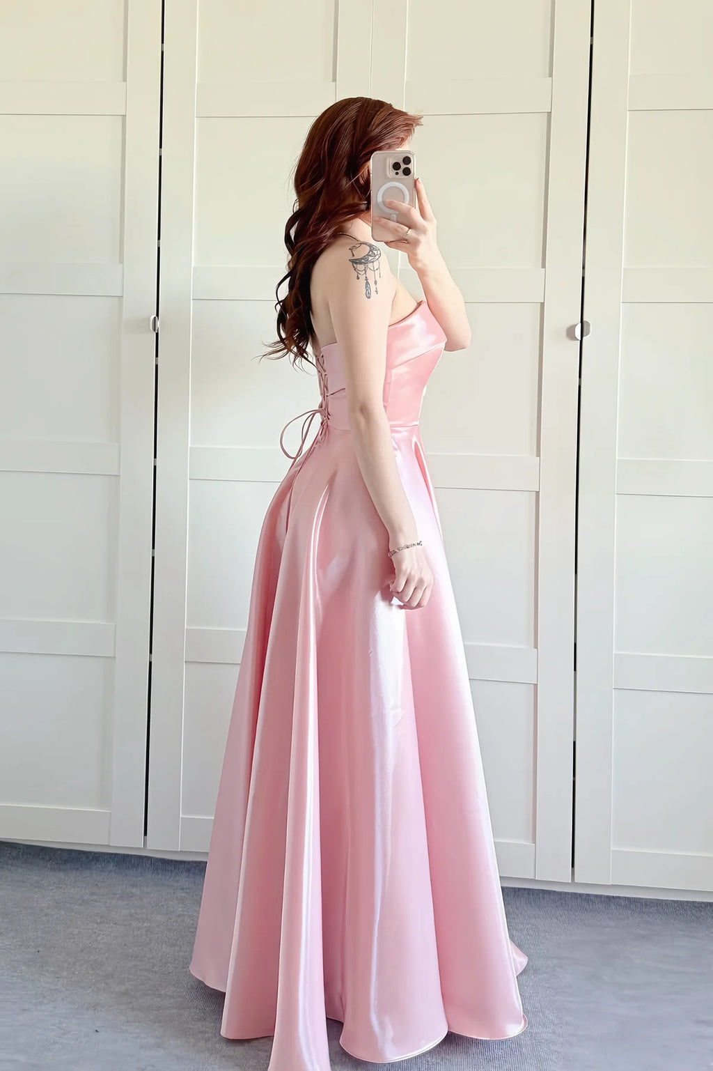 Blushing Pink Satin Strapless A-Line Prom Dress