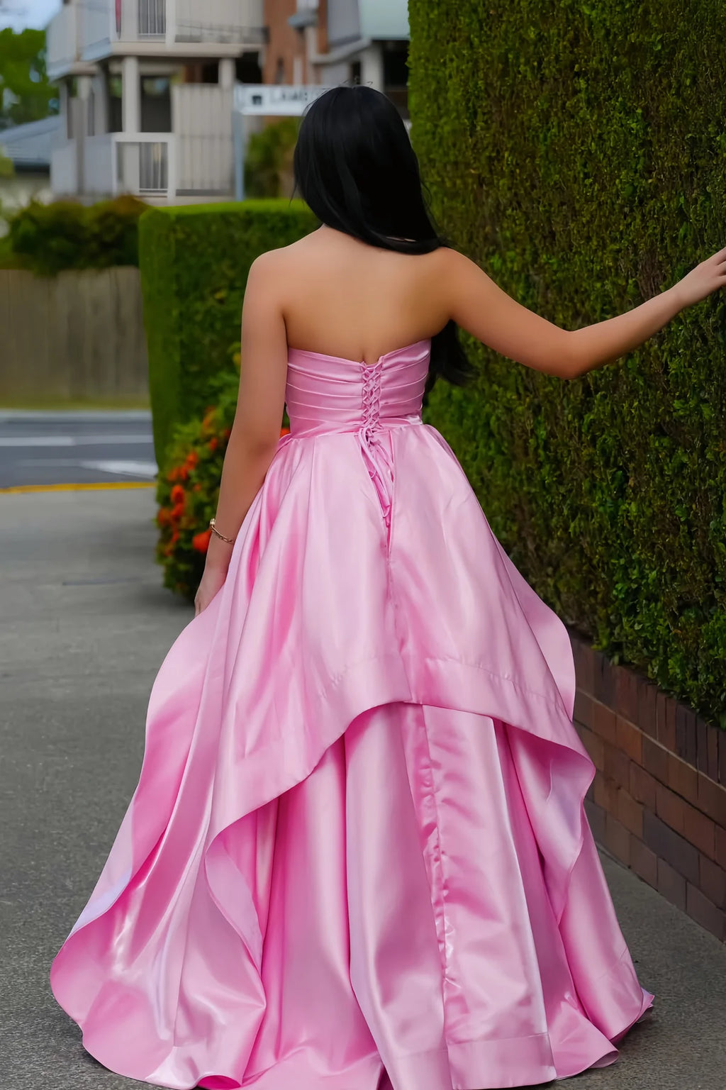 Barbie Pink Satin Strapless A-Line Prom Gown