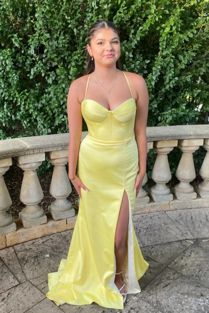 Bright Yellow Satin Corset Mermaid Prom Dress