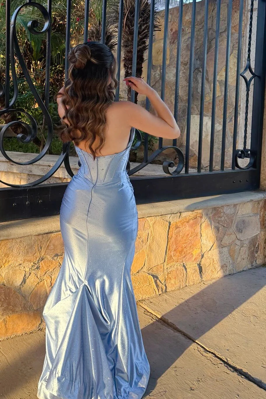 Ice Blue Satin Beaded Mermaid Prom Dress
