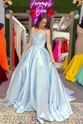 Light Blue Satin Beaded A-Line Prom Gown