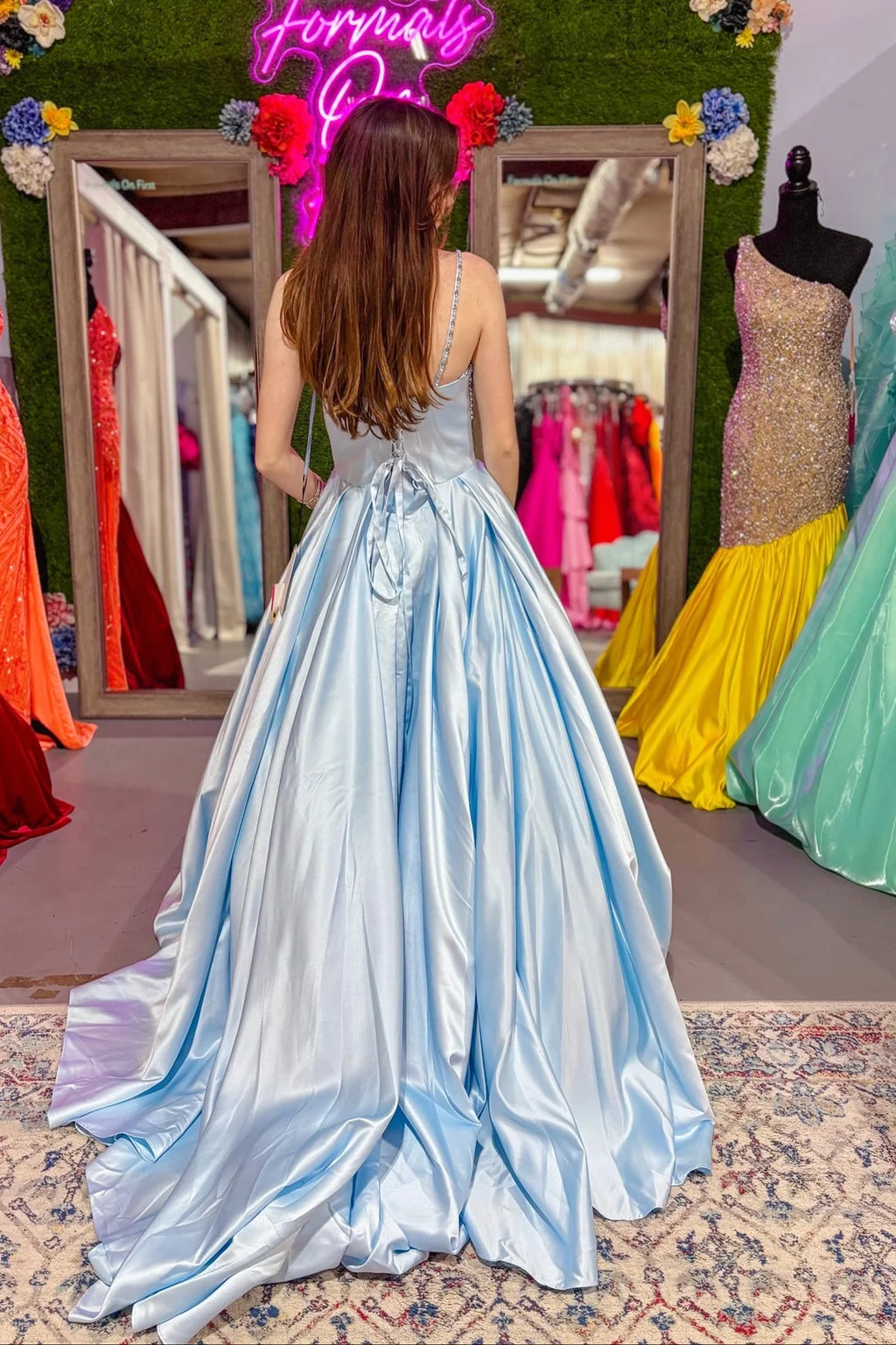 Light Blue Satin Beaded A-Line Prom Gown
