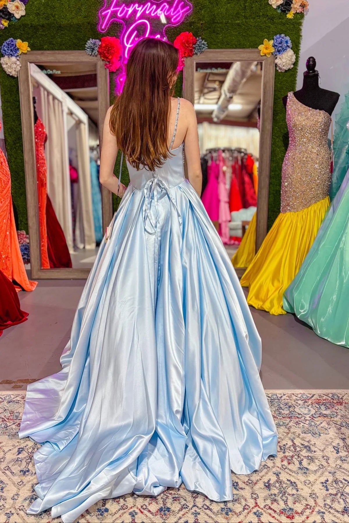 Light Blue Satin Beaded A-Line Prom Gown