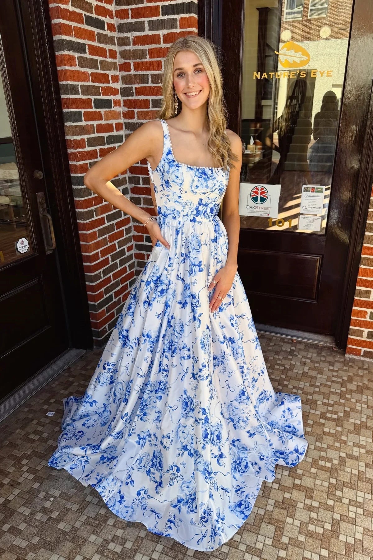 White Blue Floral Satin Open Back A-Line Prom Gown