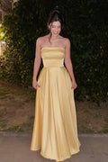 Pale Gold Satin Strapless A-Line Prom Gown
