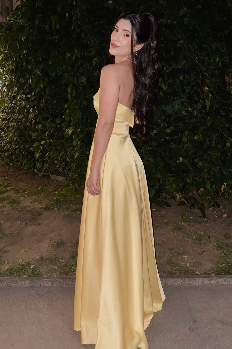 Pale Gold Satin Strapless A-Line Prom Gown