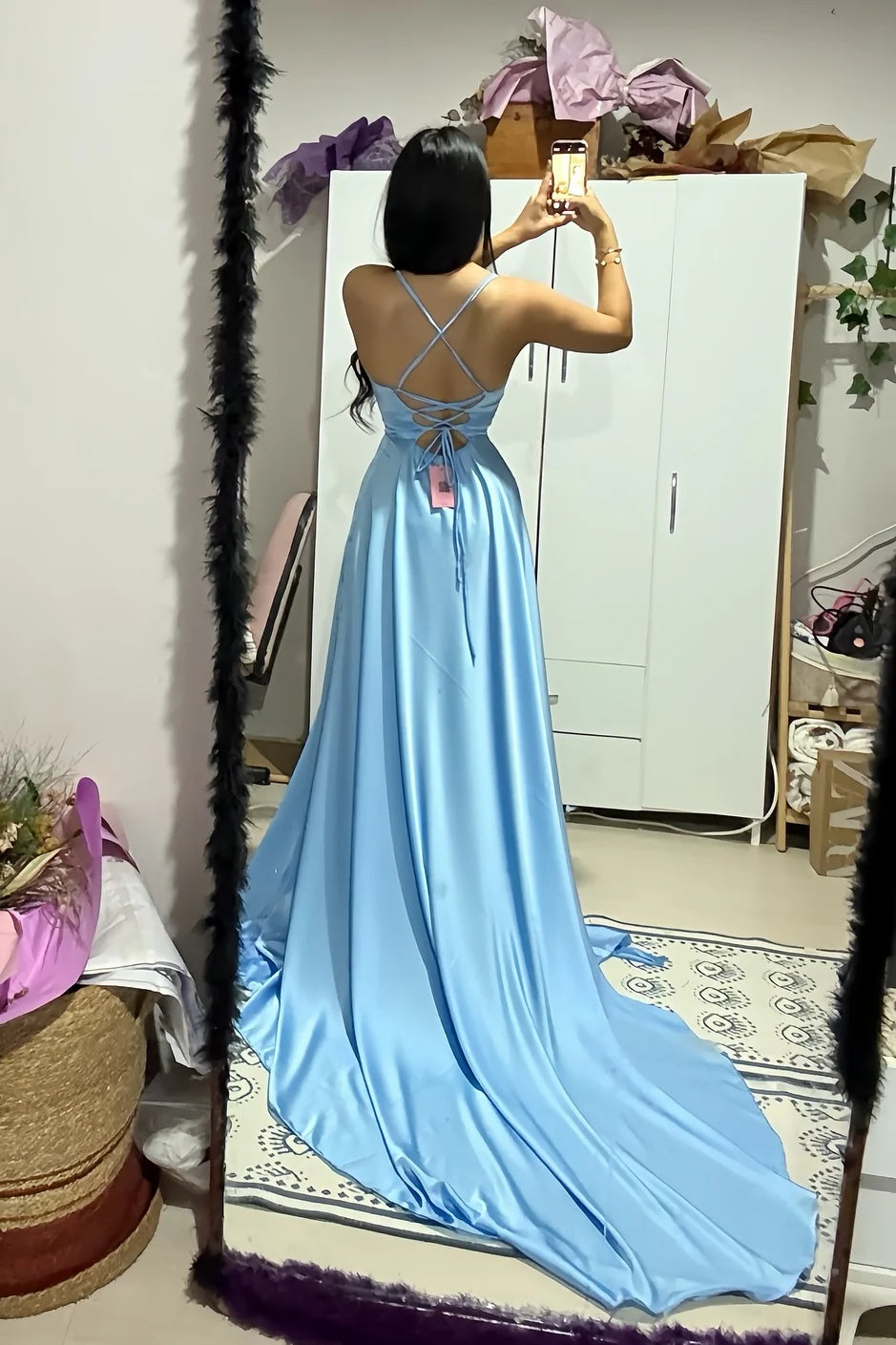 Sky Blue Satin Spaghetti Strap A-Line Prom Gown