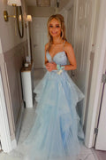 Light Blue Tulle Lace Appliqué A-Line Prom Gown