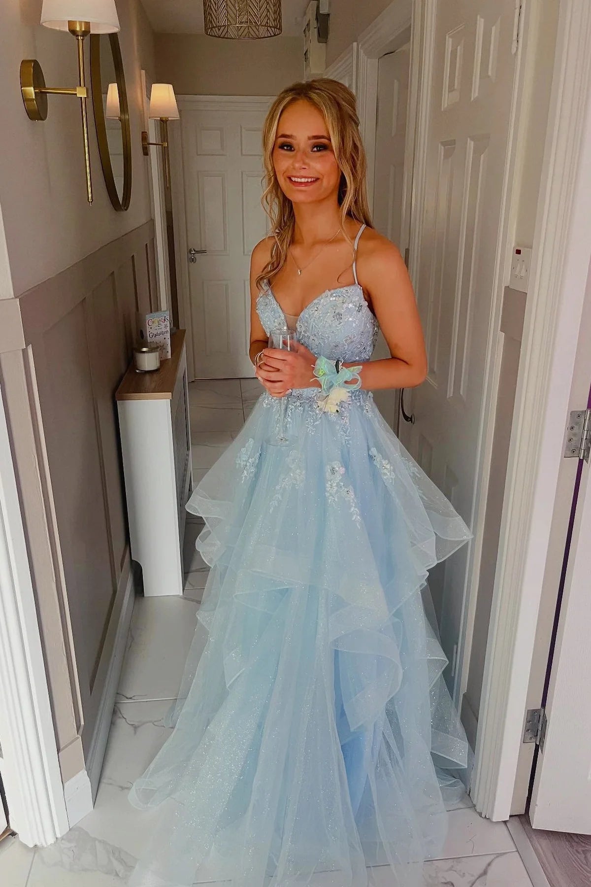 Light Blue Tulle Lace Appliqué A-Line Prom Gown