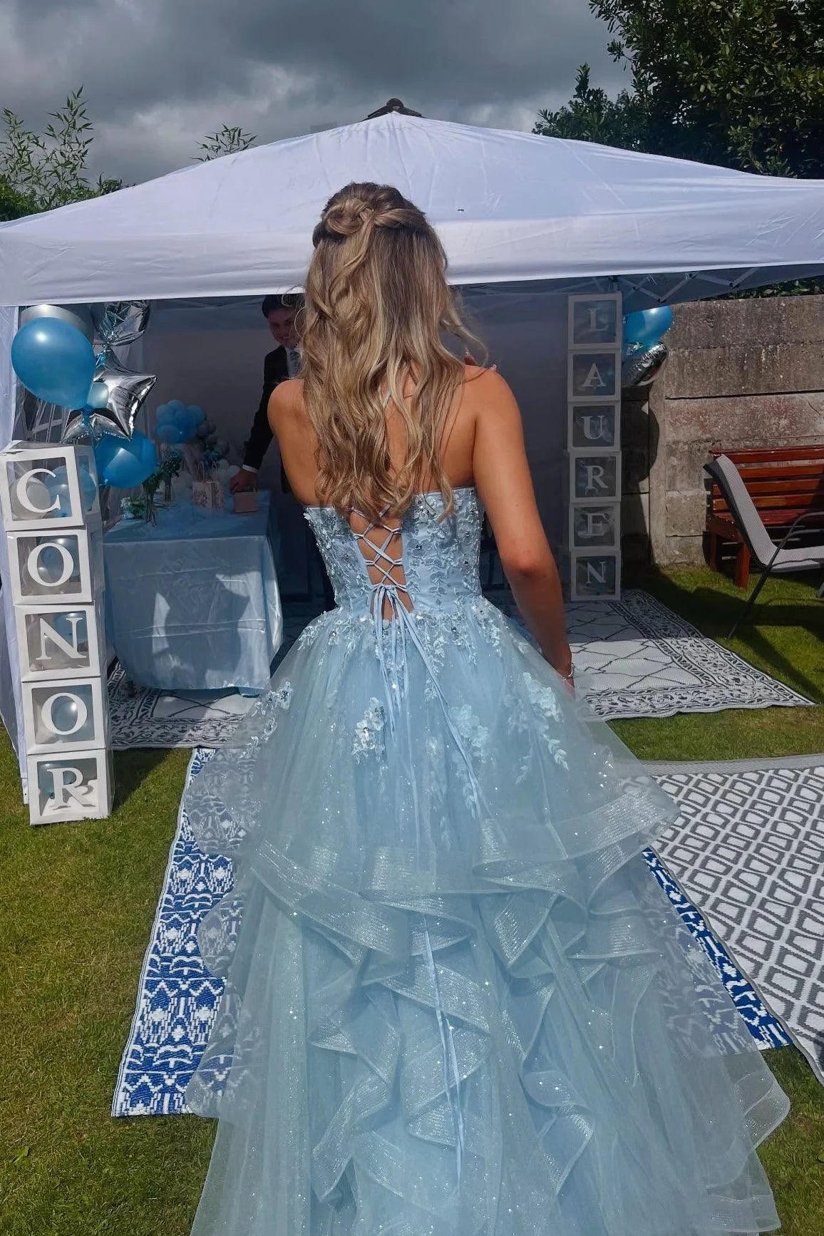 Light Blue Tulle Lace Appliqué A-Line Prom Gown