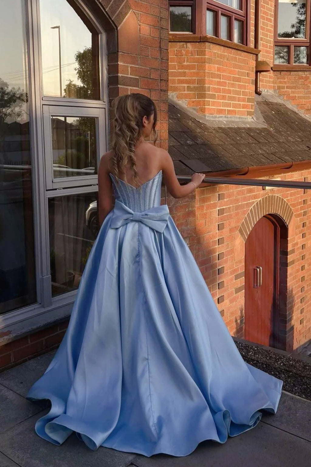 Light Blue Satin Strapless Corset Ballgown Prom Dress
