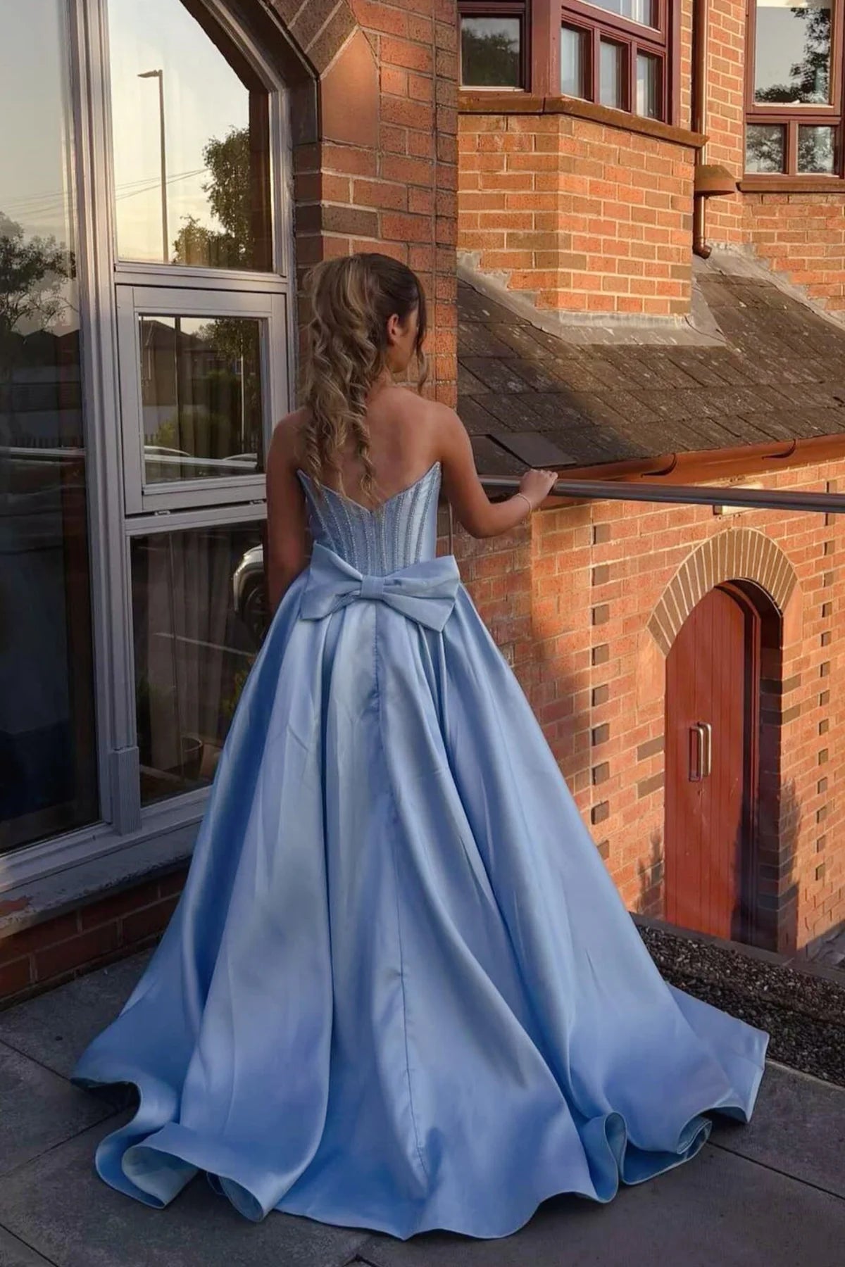 Light Blue Satin Strapless Corset Ballgown Prom Dress