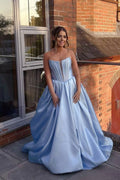 Light Blue Satin Strapless Corset Ballgown Prom Dress