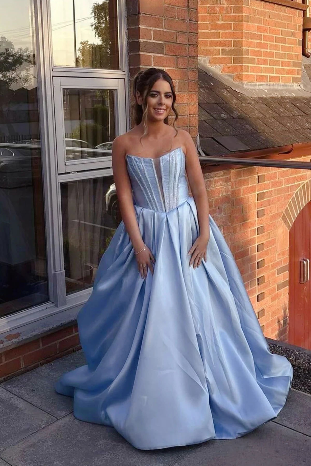Light Blue Satin Strapless Corset Ballgown Prom Dress