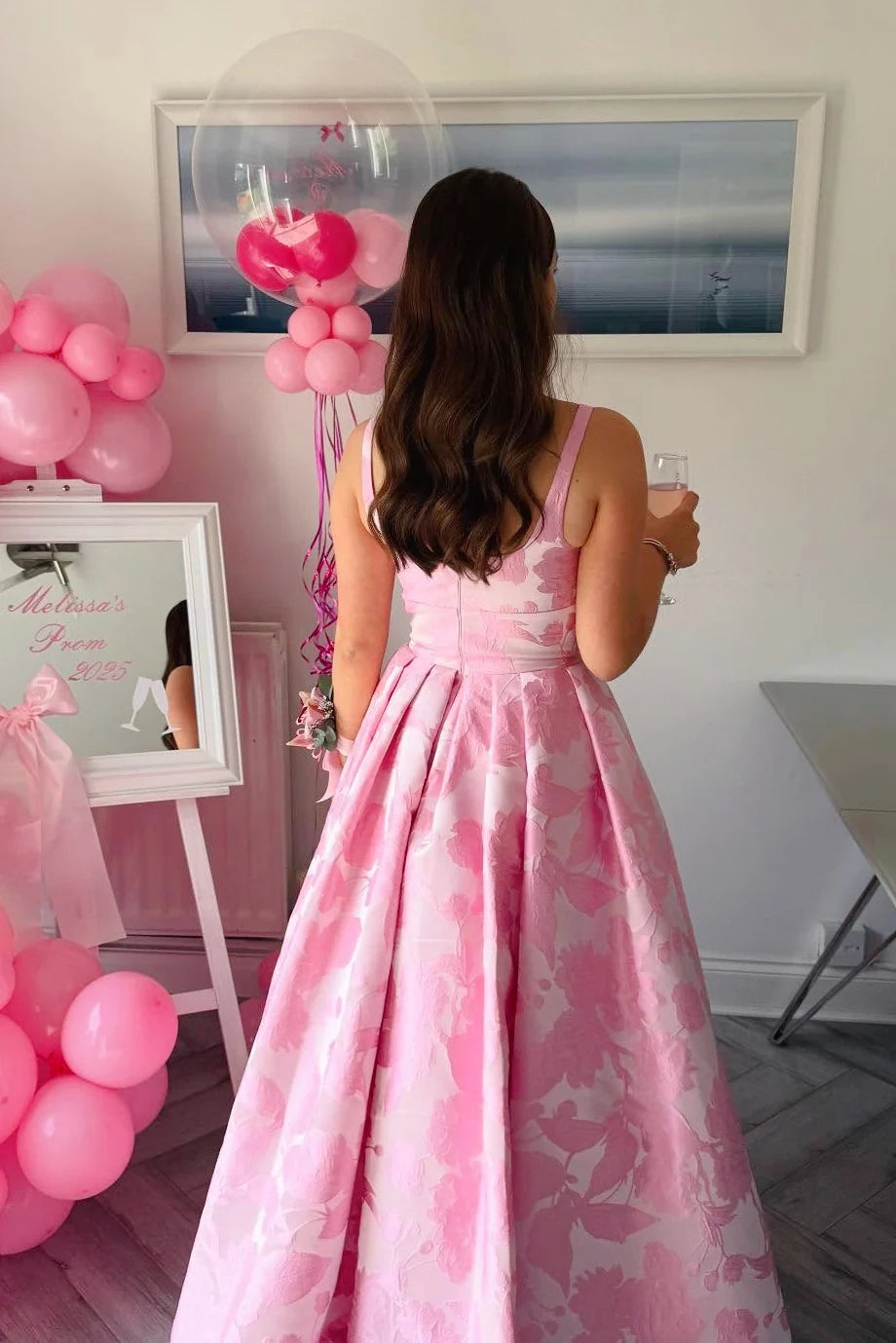 Pink Floral Jacquard Wide Strap A-Line Prom Gown