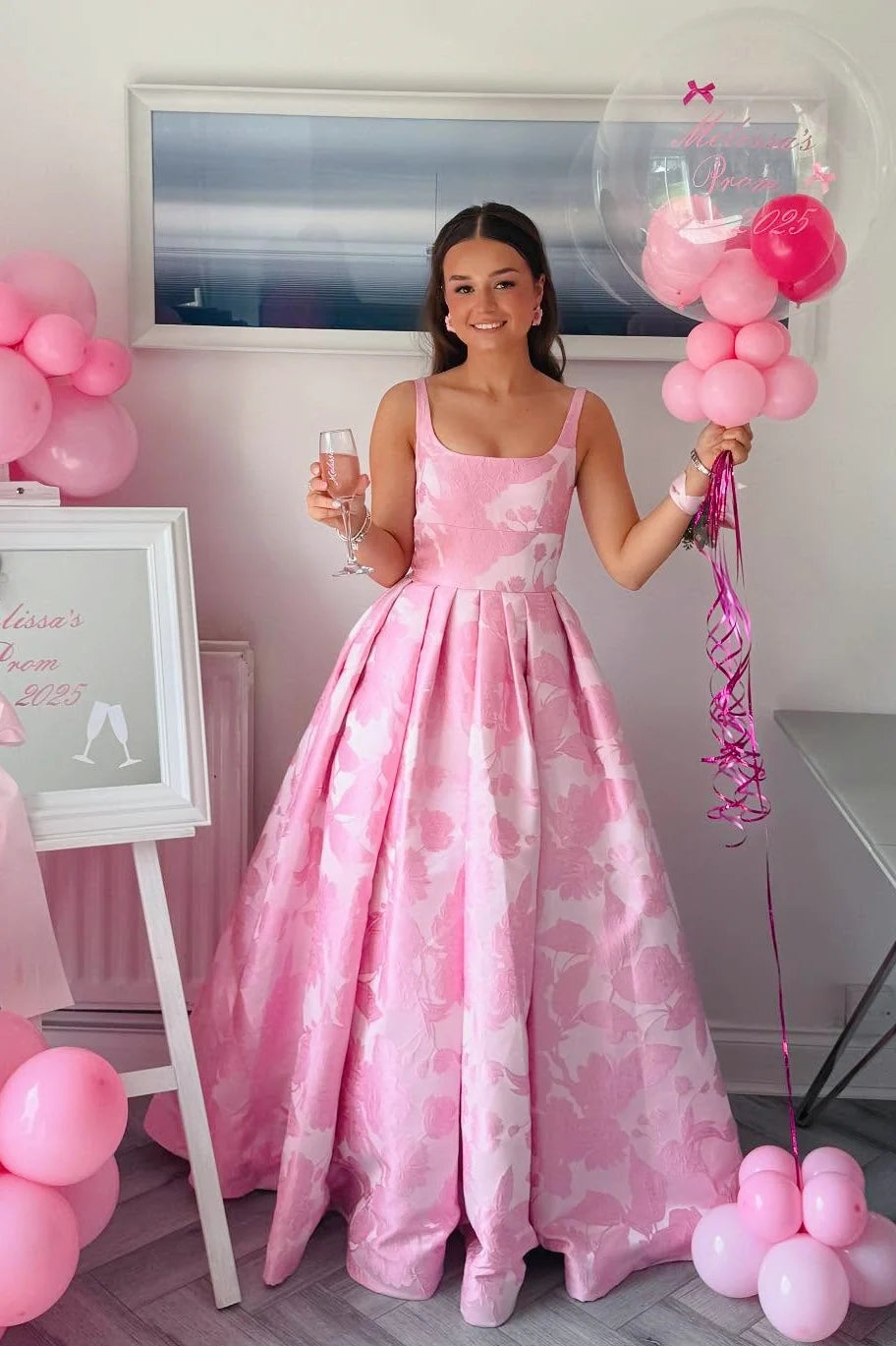 Pink Floral Jacquard Wide Strap A-Line Prom Gown