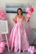 Pink Floral Jacquard Wide Strap A-Line Prom Gown