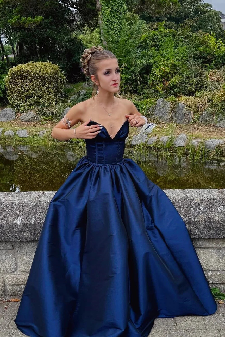 Navy Strapless Satin Ballgown Prom Dress