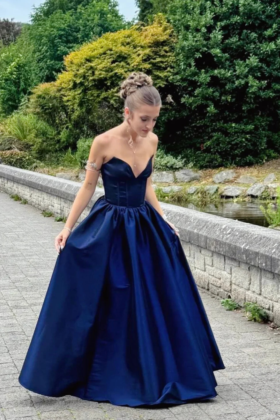 Navy Strapless Satin Ballgown Prom Dress