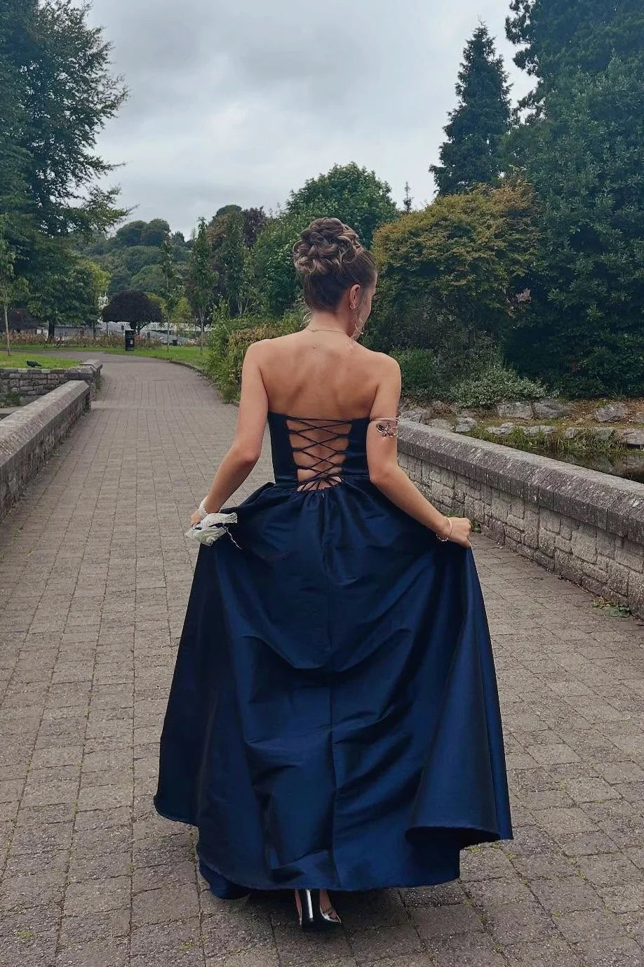 Navy Strapless Satin Ballgown Prom Dress