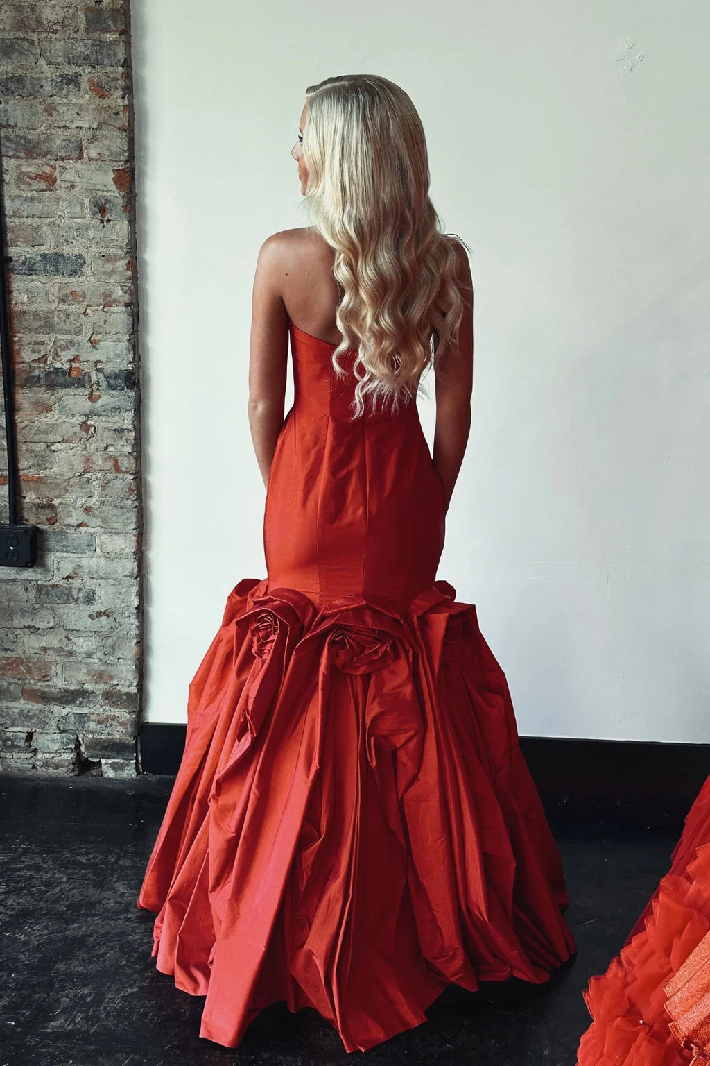 Red Strapless Mermaid Gown With 3D Roses