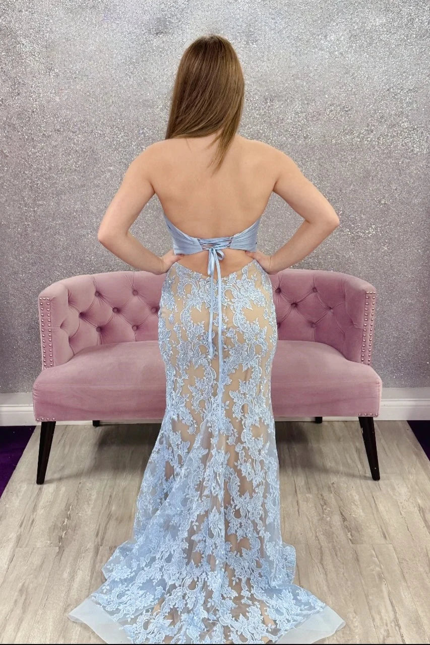 Light Blue Lace Strapless Mermaid Prom Gown